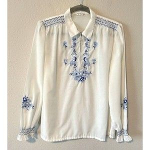 VTG Hungarian Hand Embroidered Blouse 42 M/L Floral Peasant Folk Gypsy Bohemian